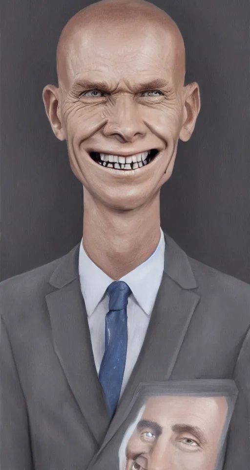 Image similar to a hyper realistic portrait of a smiling male alien in a suit for advertisement, artstation