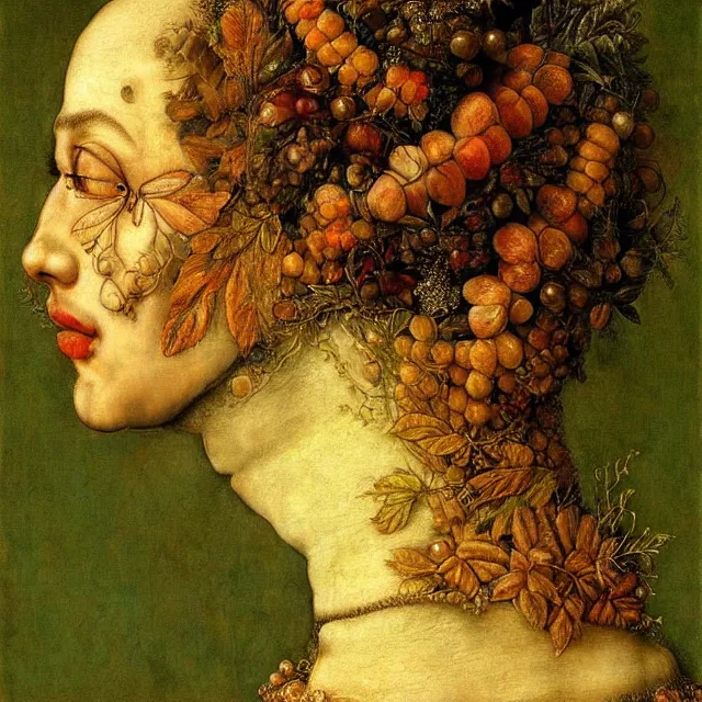 Image similar to a beautiful profile portrait of a beauty, leaves, by giuseppe arcimboldo, photo realistic, realistic materials.