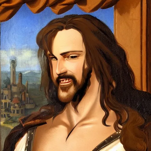 Prompt: Beautiful renaissance style painting of Trevor Belmont from Castlevania, enjoying a pint of ale at a tavern, HDR, happily smiling at the camera, holding the pint of ale, sitting at the bar, warm lantern lighting.