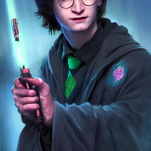 Image similar to closeup portrait of Harry Potter with faciap in cyberpunk, neon lighting, holding laser wand, digital art from artstation by Ruan Jia and Mandy Jurgens and Artgerm and william-adolphe bouguereau and Greg Rutkowski and Wayne Barlowe