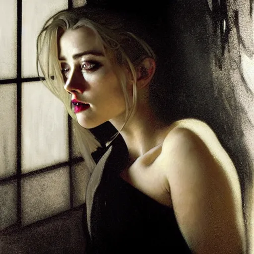 Prompt: hyperrealistic portrait of a woman as amber heard as a vampire witch in a black coat as a reflection in a window. by jeremy mann and alphonse mucha, tears, falling red petals, fantasy art, photo realistic, dynamic lighting, artstation, poster, volumetric lighting, very detailed faces, 4 k, award winning