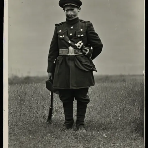 Prompt: a black and white photograph of a rabbit wearing a Russian World War 1 uniform