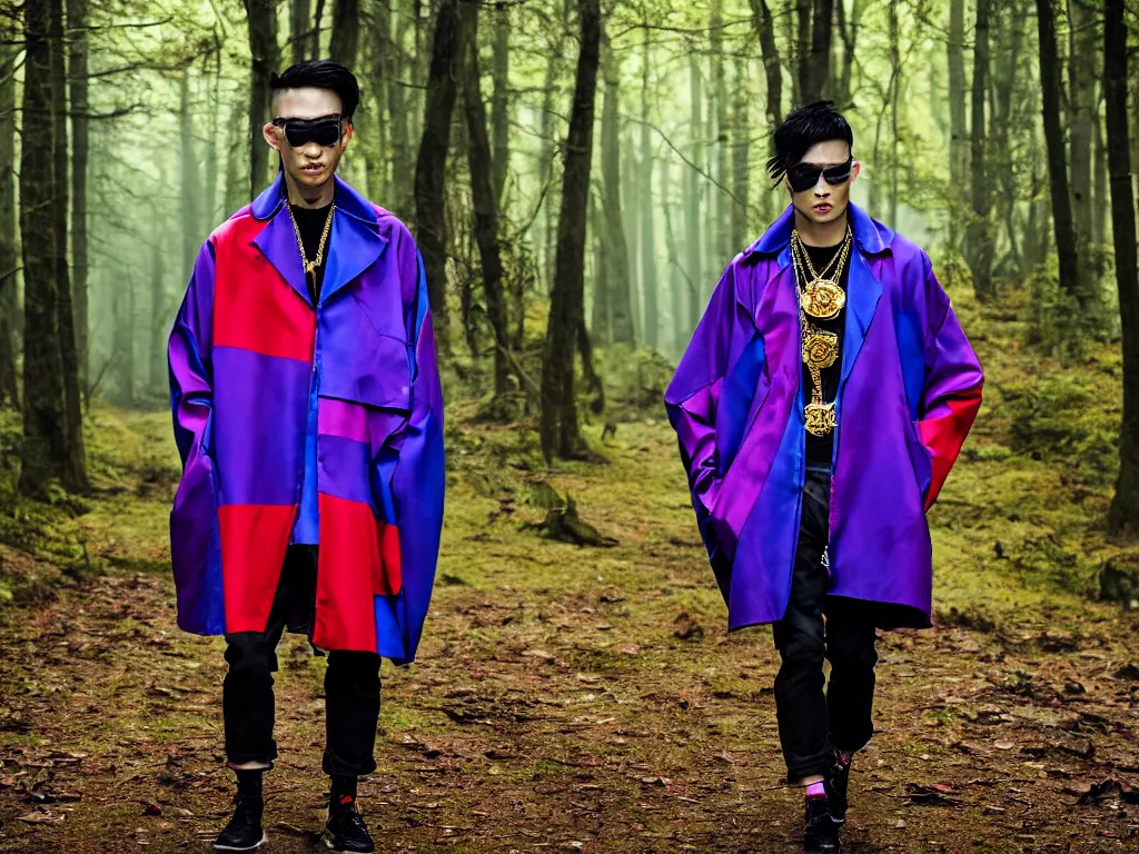 Image similar to versace avant garde male super oversized jacket blue purple red necklace textiles streetwear cyberpunk buff muscle japanese asian man shaved head in the woods overcast late evening dramatic professional color 8 k hdr