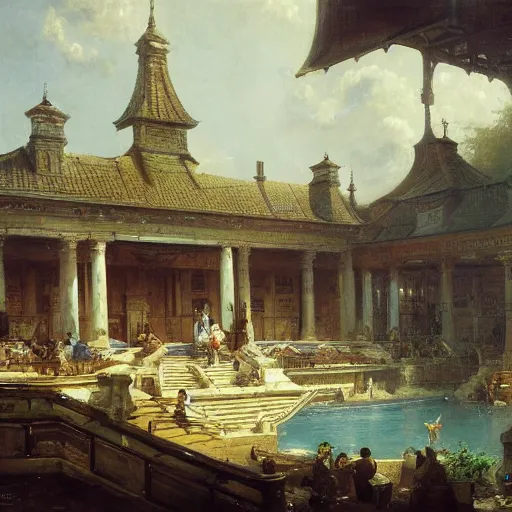 Prompt: painting of a scifi ancient civilzation victorian swimming pool, andreas achenbach