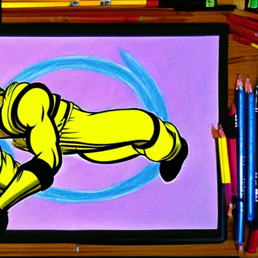 Image similar to a drawing of a cartoon character in yellow and black, concept art by Akira Toriyama, pixiv, neogeo, toonami, dynamic pose, official art