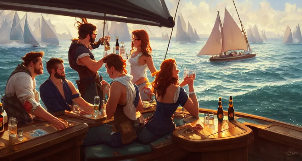 Image similar to people drinking beer on a sailboat, highly detailed, digital painting, artstation, concept art, matte, sharp focus, illustration, hearthstone, art by artgerm and greg rutkowski and alphonse mucha