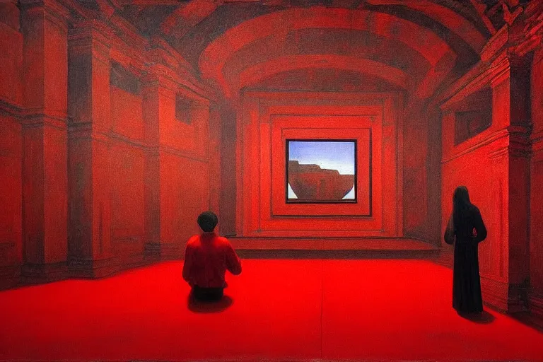 Image similar to only with red, crowd screaming, an exposed painting in a roman theater, in the style of beksinski, parts by edward hopper, parts by rodcenko, parts by yue minjun, intricate and epic composition, red by caravaggio, insanely quality, highly detailed, masterpiece, red light, artstation, 4 k