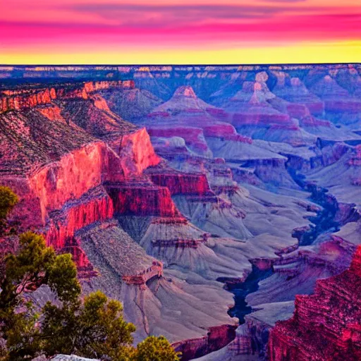 Image similar to a photograph of a pink and blue sunset at the grand canyon,