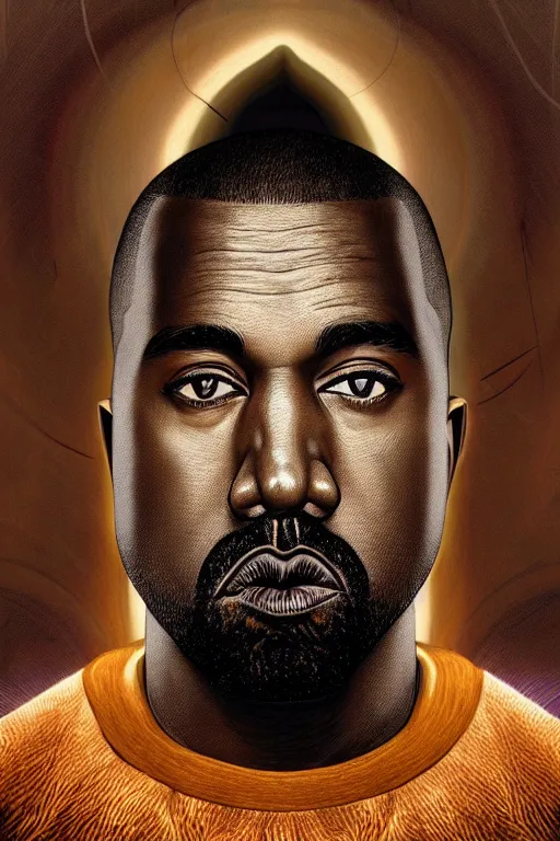 Prompt: cinematic portrait of Kanye West. Centered, uncut, unzoom, symmetry. charachter illustration. Dmt entity manifestation. Surreal render, ultra realistic, zenith view. Made by hakan hisim feat cameron gray and alex grey. Polished. Inspired by patricio clarey, heidi taillefer scifi painter glenn brown. Slightly Decorated with Sacred geometry and fractals. Extremely ornated. artstation, cgsociety, unreal engine, ray tracing, detailed illustration, hd, 4k, digital art, overdetailed art. Intricate omnious visionary concept art, shamanic arts ayahuasca trip illustration. Extremely psychedelic. Dslr, tiltshift, dof.  64megapixel. complementing colors. Remixed  by lyzergium.art feat binx.ly and machine.delusions. zerg aesthetics. Trending on artstation, deviantart