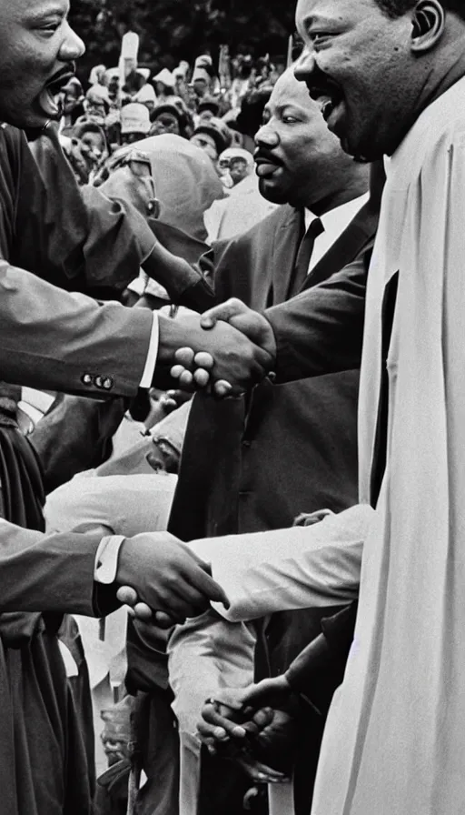 Image similar to black jesus shaking hands with martin luther king, photorealistic