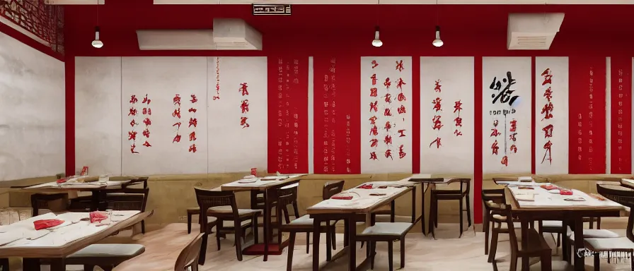 Image similar to a beautiful simple interior render of roasted string hotpot restaurant restaurant yan'an, wall corner, from china, red paper wall and white tile floor, with merchant logo, fine simple delicate structure, chinese style, simple composition, simple style structure decoration design, victo ngai, 4 k hd