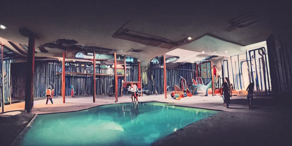 Image similar to a weird modern confined place, house, playground, office, pool, bar, pub, room, hall way with eerie feeling, disposable colored film camera, camera flash, unusual place, unsettling, kids place, night scene