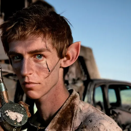 Image similar to close up headshot of a skinny high-fantasy elf with a long face narrow chin and spiky blonde hair wearing dark brown overalls and holding a bomb next to a destroyed car, high resolution film still, HDR color