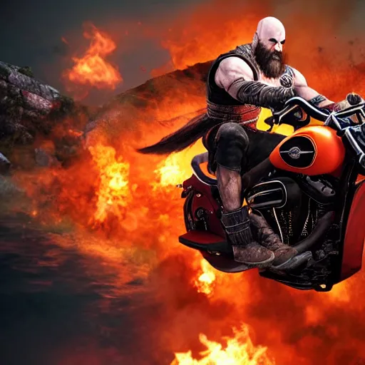 Image similar to kratos jumping a black harley - davidson motorcycle off a cliff, cinematic render, playstation studios official media, god of war 2 0 1 8, flames, centered