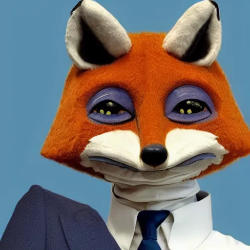 Image similar to a humanoid fox with a face inspired by mr. bean