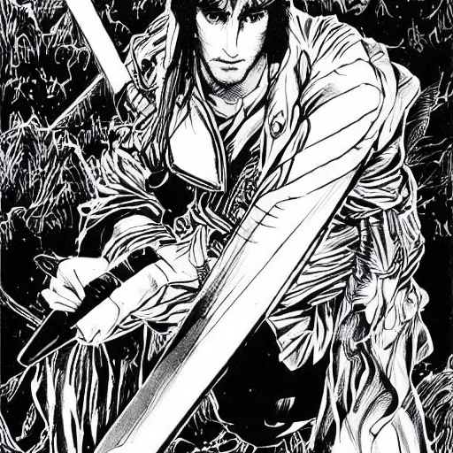 Prompt: pen and ink!!!! attractive 22 year old cyborg Frank Zappa x Ryan Gosling golden Vagabond!!!! magic swordsman glides through a beautiful battlefield magic the gathering dramatic esoteric!!!!!! pen and ink!!!!! illustrated in high detail!!!!!!!! by Hiroya Oku!!!!!!!!! Written by Andrei Tarkovsky graphic novel published on shonen jump MTG!!! 2049 award winning!!!!