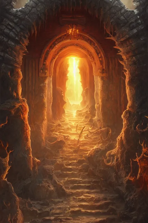 Image similar to gate to hell, highly detailed, d & d, fantasy, highly detailed, digital painting, trending on artstation, concept art, sharp focus, illustration, global illumination, ray tracing, realistic shaded, art by artgerm and greg rutkowski and fuji choko and viktoria gavrilenko and hoang lap, sunny