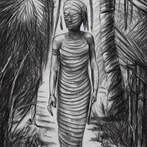 Image similar to bandaged mummy walks through camp, in jungle, pencil drawing, high resolution,