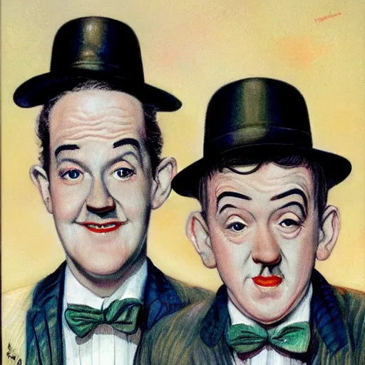 Image similar to A portrait of Stan Laurel and Laurel Hardy in hats by Frank Kelly Freas