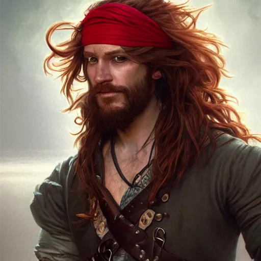 Image similar to portrait of a young pirate, 30 years old, male, rugged, masculine, handsome, upper body, red hair, long hair, D&D, fantasy, intricate, elegant, highly detailed, cinematic lighting, digital painting, artstation, concept art, cutscene, sharp focus, illustration, art by Artgerm and Greg Rutkowski and Alphonse Mucha