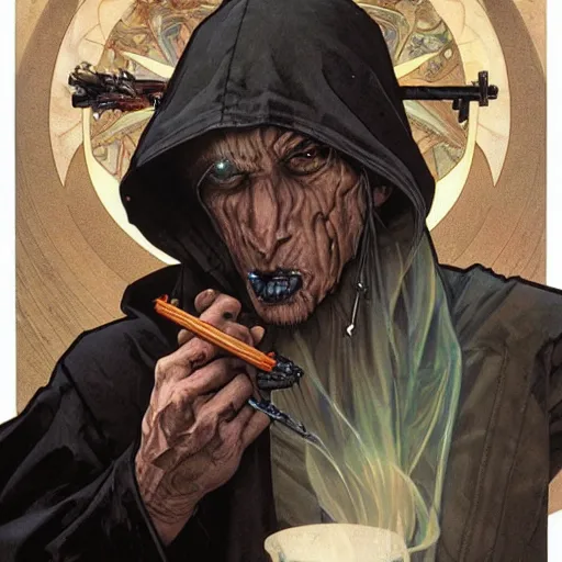 Image similar to crackhead sith lord smoking crack cocaine by mcfarlane, alphonse mucha, artgerm and greg rutkowski and magali villeneuve. drug addicts