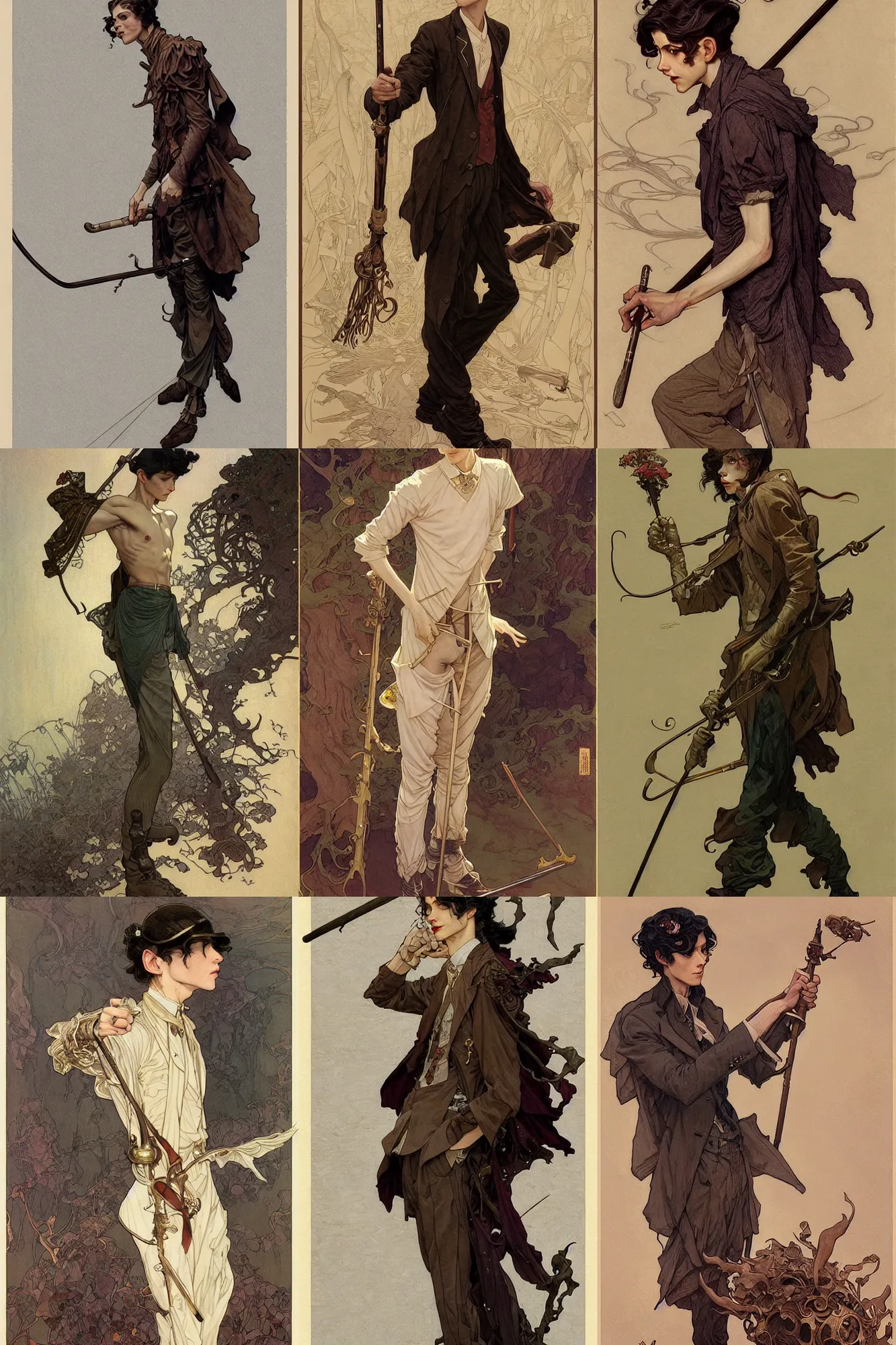 Prompt: thin young male with walking cane, long dark hair, 1 9 2 0 s fashion, fantasy, highly detailed, intricate, smooth, art by joseph leyendecker, peter mohrbacher, ruan jia, marc simonetti, ayami kojima, cedric peyravernay, alphonse mucha, victo ngai