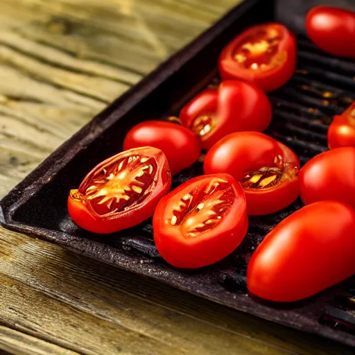 Prompt: photo of grilled [ tomato ] taken with canon eos - 1 d x mark iii, bokeh, sunlight, studio 4 k