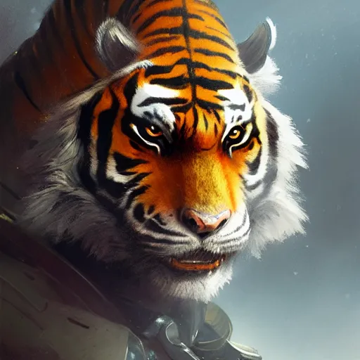 Image similar to commission portrait of a male anthro tiger wearing heavy combat armour.dramatic,character design by charles bowater,greg rutkowski,ross tran,hyperdetailed,hyperrealistic,4k,deviantart,artstation,professional photography,concept art