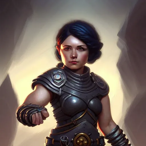 Image similar to muscular female gnome engineer artificer, metal gauntlet, short black hair, naval landscape, full body portrait, d & d, fantasy, intricate, elegant, highly detailed, digital painting, artstation, centred, rule of thirds, concept art, matte, sharp focus, illustration, cover by artgerm, art by greg rutkowski