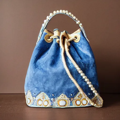 Image similar to a bucket bag made of blue suede. the bag is decorated with intricate golden paisley patterns. the handle of the bag is made of rubies and pearls.