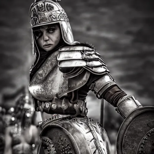 Image similar to steam punk gladiator wearing armor in the arena, shallow depth of field, moody lighting, 8 k,