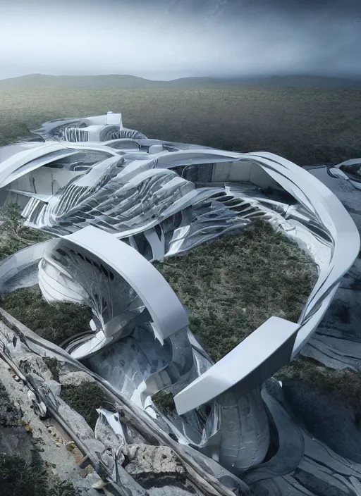 Image similar to bioremediation white mining tailing futuristic architecture in chuquicamata, epic, cinematic, hyperealistic, high detailed, corona render, hdr, ray tracing