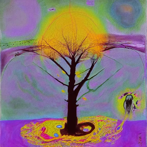 Image similar to a painting of a tree with a purple circle in the center, an ultrafine detailed painting by Asger Jorn, pixiv contest winner, gutai group, oil on canvas, cosmic horror, artwork, 8K