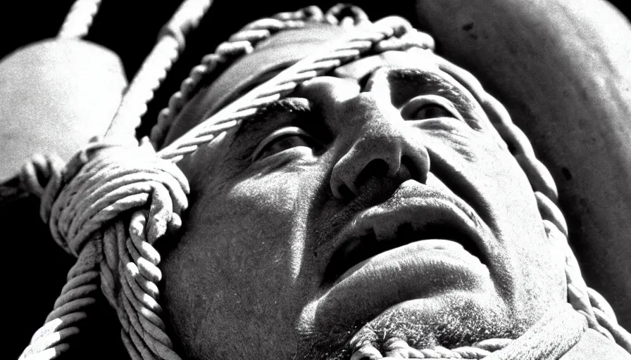 Image similar to 1 9 6 0 s movie still close - up of marcus atilius regulus'face tied with ropes at a pole with wide - open eyes looking directly at the burning sun, his eyes are bleeding intense, cinestill 8 0 0 t 3 5 mm b & w, high quality, heavy grain, high detail, texture, dramatic light