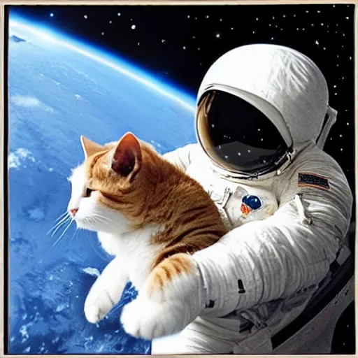 Prompt: astronaut cat on board the sputnik 2, holding a cute cat in his paws, earth can be seen from the round space window, realistic, photo, detailed