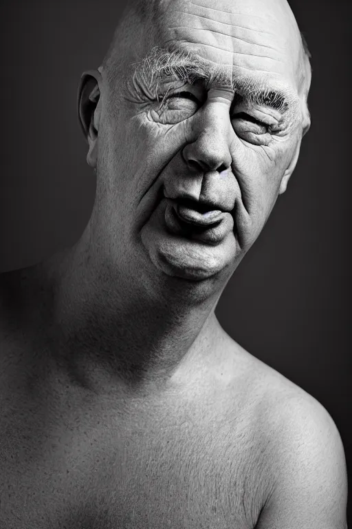 Image similar to studio portrait of man that looks excactly like homer simpson, lookalike, as if homer simpson came to life, soft light, black background, fine details, close - up, award winning photo by jimmy nelson