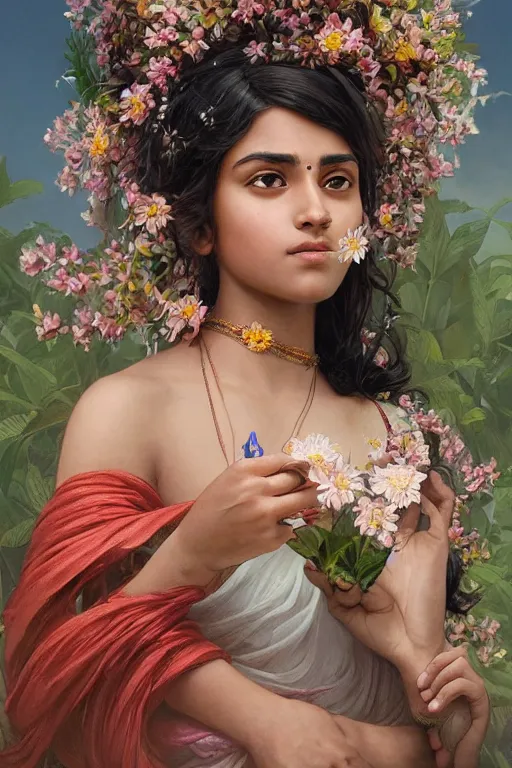 Prompt: ultra realistic illustration, indian girl with flowers blossoming from helmet, elegant, highly detailed, digital painting, concept art, smooth, sharp focus, illustration, art by artgerm and greg rutkowski and alphonse mucha