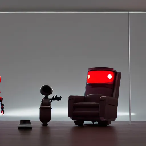 Image similar to futuristic lonely matte brown and red full-body humanoid robot with two huge round expressive sad purple glowing LED eyes and open rectangular mouth sitting on a large comfortable cushioned 1950s vintage recliner reading a newspaper. open newspaper. Cinematic Movie Photograph, Arri Alexa, Extremely Detailed, smooth, very very clean, 8K, octane render, maya render, unreal engine, trending on artstation, DSLR, excellent composition, center frame