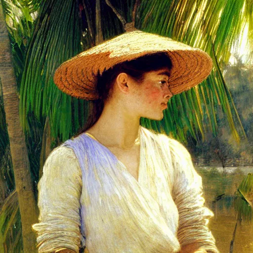 Prompt: a ultradetailed beautiful painting of a girl on amazonas by jules bastien - lepage, hans belmer, frank weston and gustave baumann, trending on artstation, mediterranean, palm trees, light sparkles, sharp focus, soft light