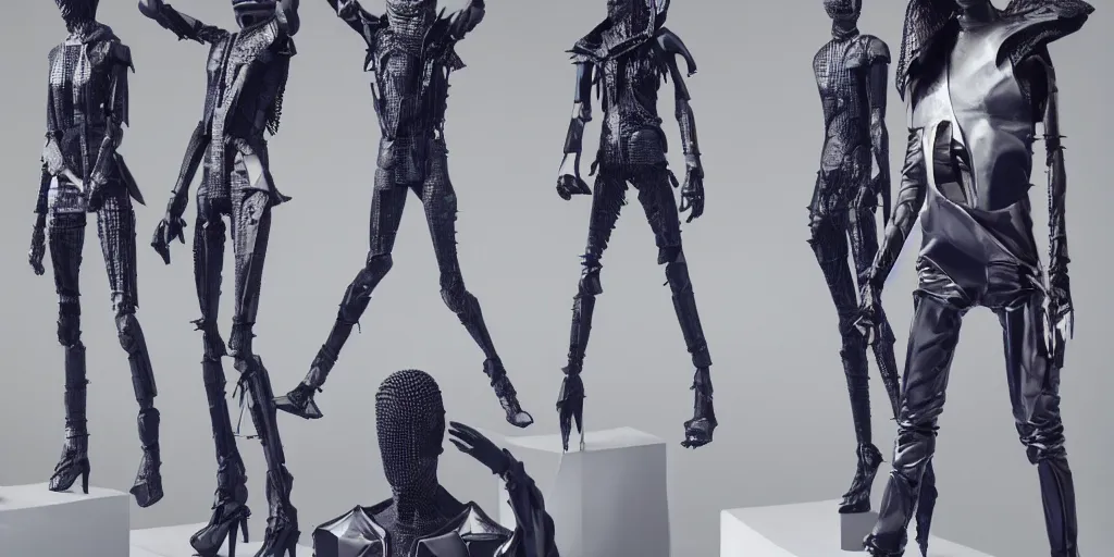 Prompt: blue human with rick owens iron spikes mcfarlane figure with an emoji head in 3d is jumping in a runway fashion show, realistic photography paparazzi by Nick Knight and Luis Royo