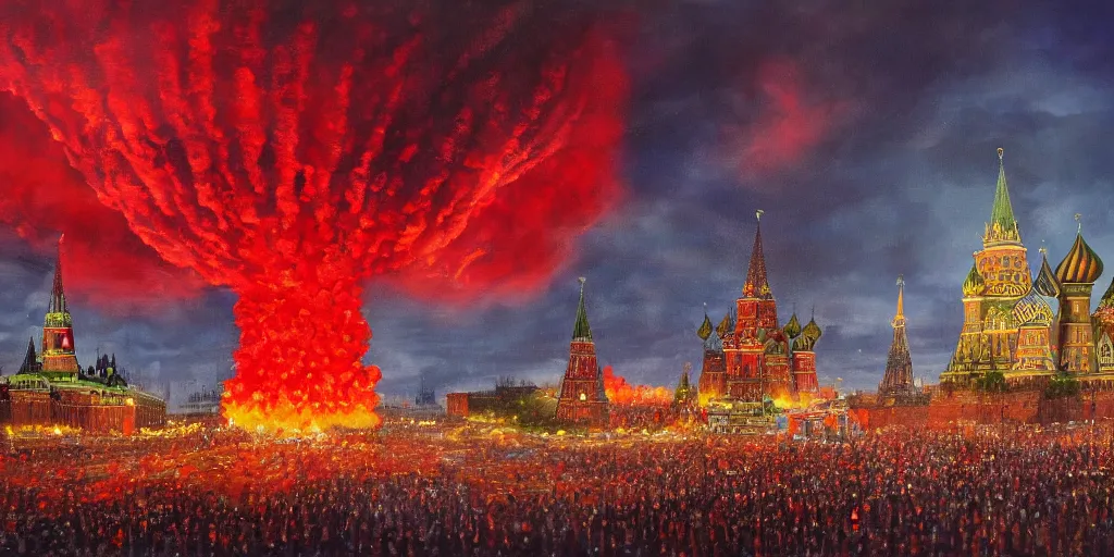 Prompt: a beautiful painting of massive nuclear strike on Red Square and Kremlin by Andreas Marschall, nuclear mushroom, fire, panic, dark, clouds, 8k, high detail, advanced rendering whimsically designed art, 4k post-processing highly detailed, Soft illumination