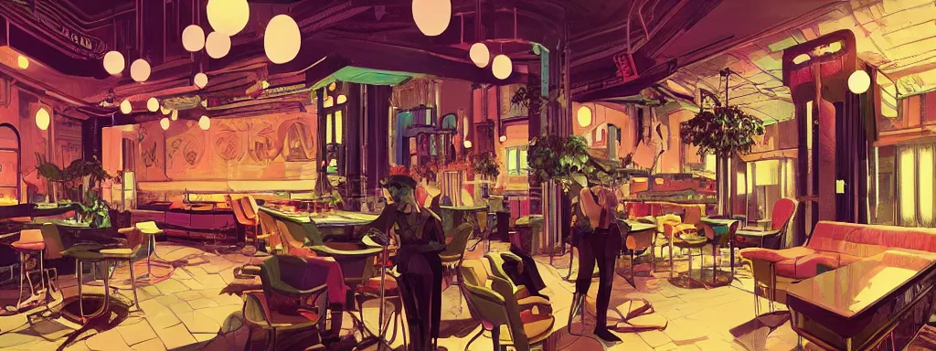 Image similar to concept art, crowded retro - futurist speakeasy, reflections, dark moody lighting, designer furniture, high ceiling, 6 0 s colour palette, beautiful plants, colourful flowers, syd mead, akihiko yoshida, cinematic