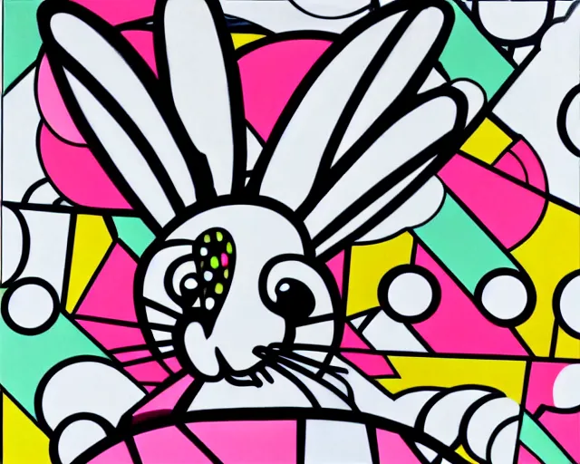 Image similar to a small black and white rabbit, fine art by romero britto