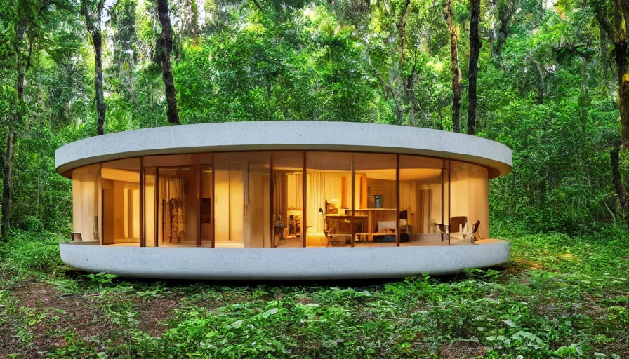 Image similar to A wide image of a full innovative contemporary 3D printed prefab sea ranch style cabin with rounded corners and angles, beveled edges, made of cement and concrete, organic architecture, in a lush green forest Designed by Gucci, Balenciaga, and Wes Anderson, golden hour