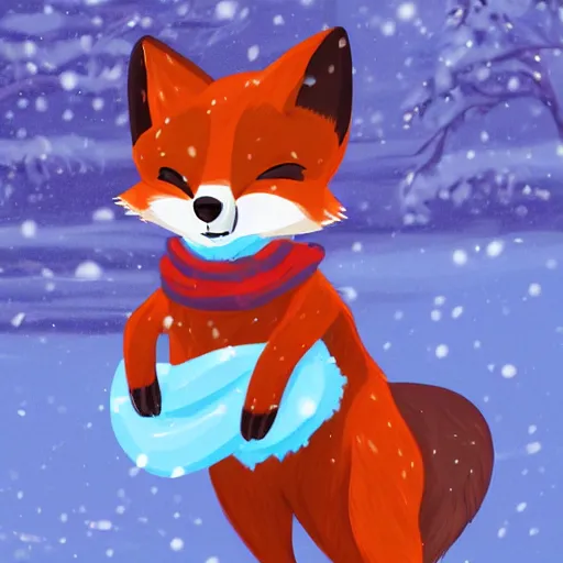 Prompt: an anthropomorphic fox fursona wearing a scarf in the snow, cartoon, trending on artstation, furry art