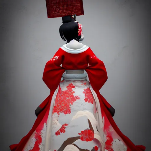 Image similar to kitsune geisha fancy hakama, full body, unreal engine octane, red and white, gliter, depth of field, 8k, hyper detailed, trending on artstation