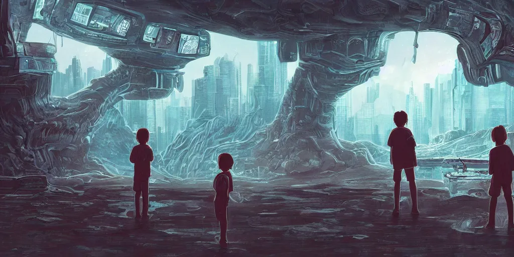 Image similar to highly detailed cell - shaded cartoon landscape with two boys looking at a miniature alien creature 1 9 8 0 s science fiction, 1 9 7 0 s science fiction, cyberpunk, moody, misty, depth perception, 4 k, artstation, in the style of studio ghibli