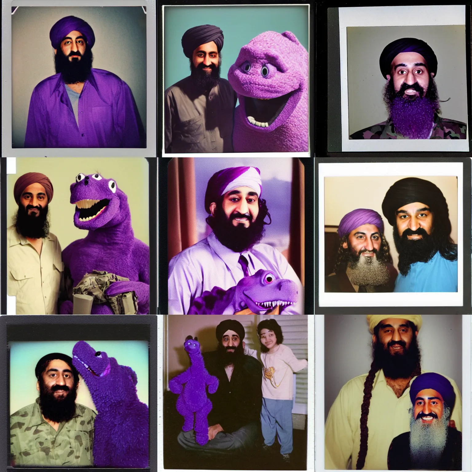 Prompt: polaroid photo of osama bin laden with barney the purple dinosaur