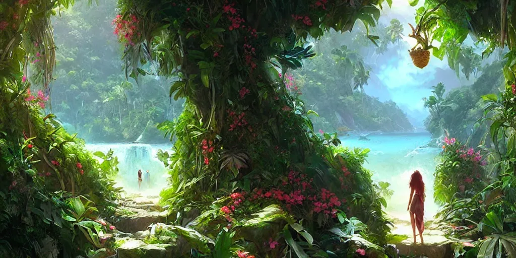 Prompt: Hidden tropical paradise, lush vines and flowers digital painting, art by greg rutkowski, artgerm