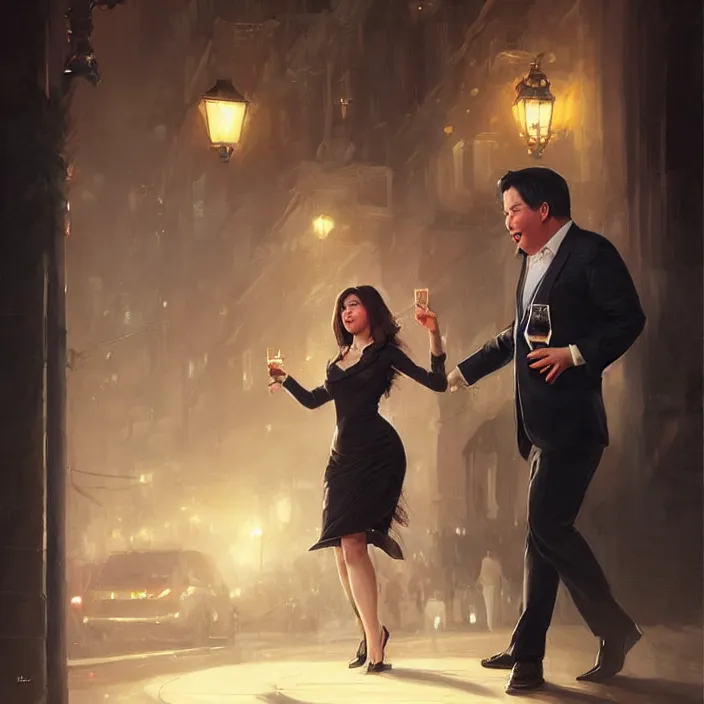 Image similar to michael mcintyre leaving a bar with with a singing waitress, elegant, real life skin, intricate artwork, high detailed, artstation, concept art, smooth, sharp focus, art by artgerm and greg rutkowski